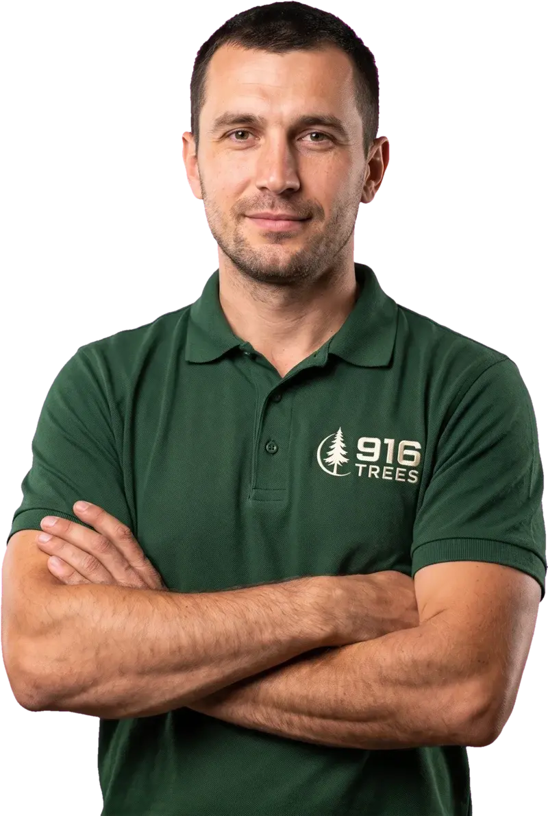 A 916 Trees crew member in a branded forest-green work shirt