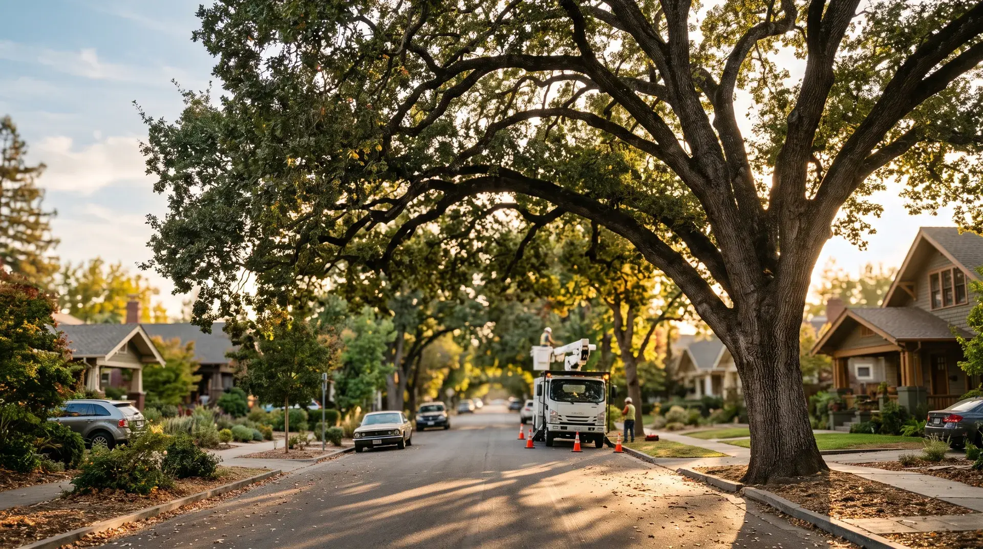 Mature tree canopy shading a Sacramento residential street on a summer afternoon.