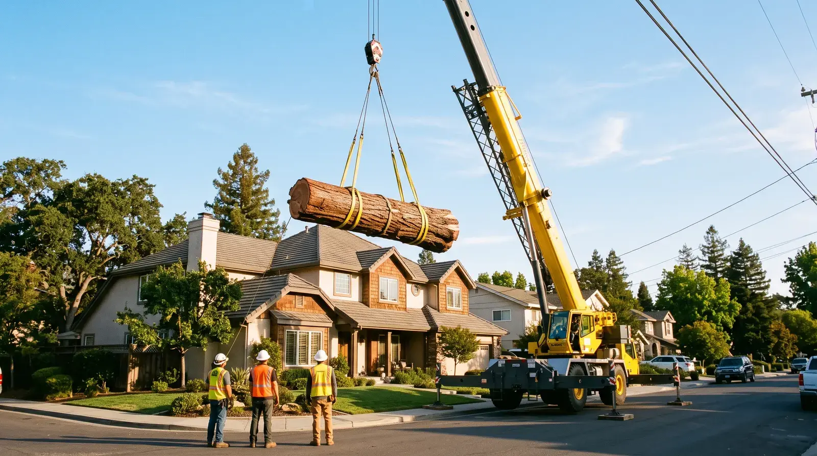 Crane lifting a cut tree section over a two-story house during a crane-assisted removal.