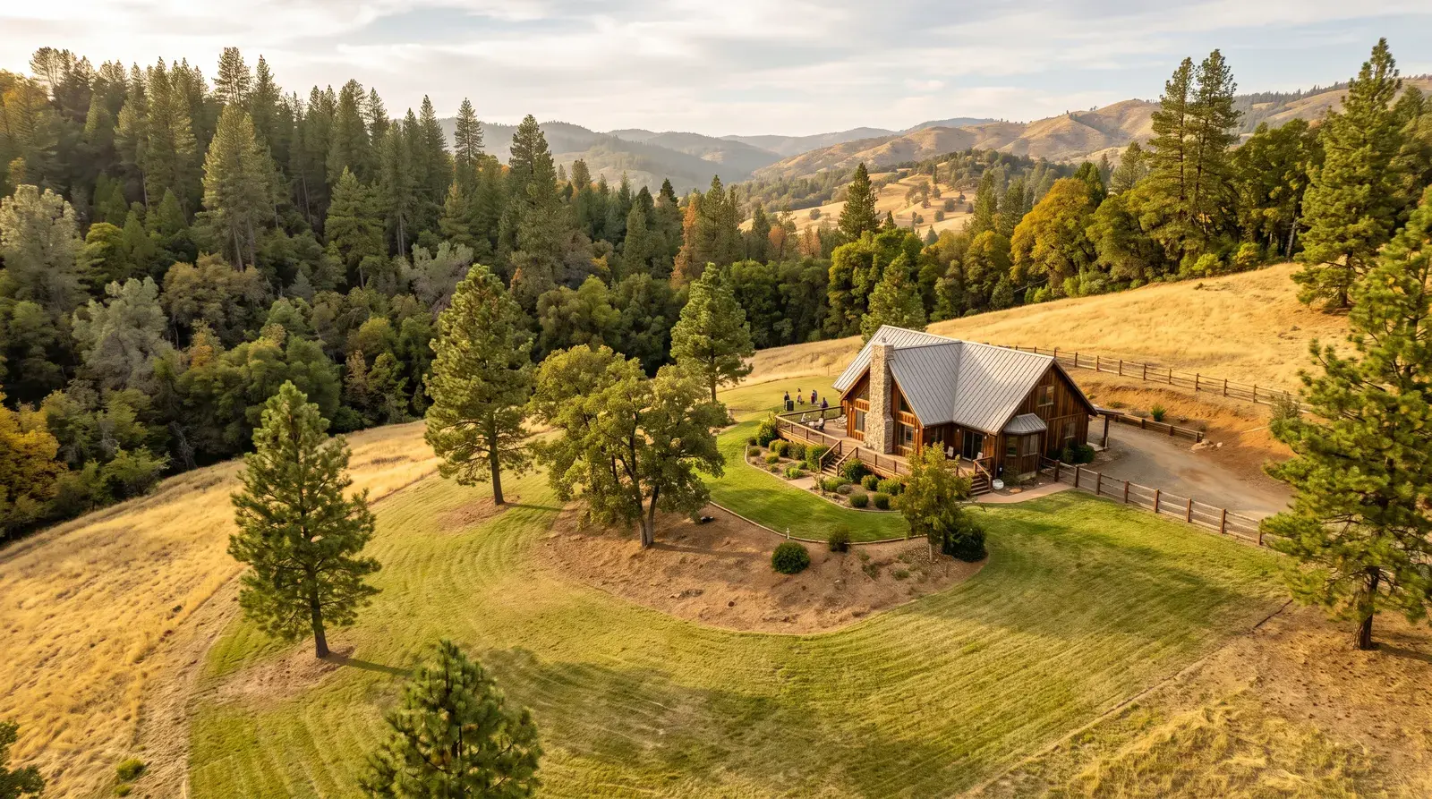 Cleared defensible space with limbed-up oaks and thinned brush around a foothill home.