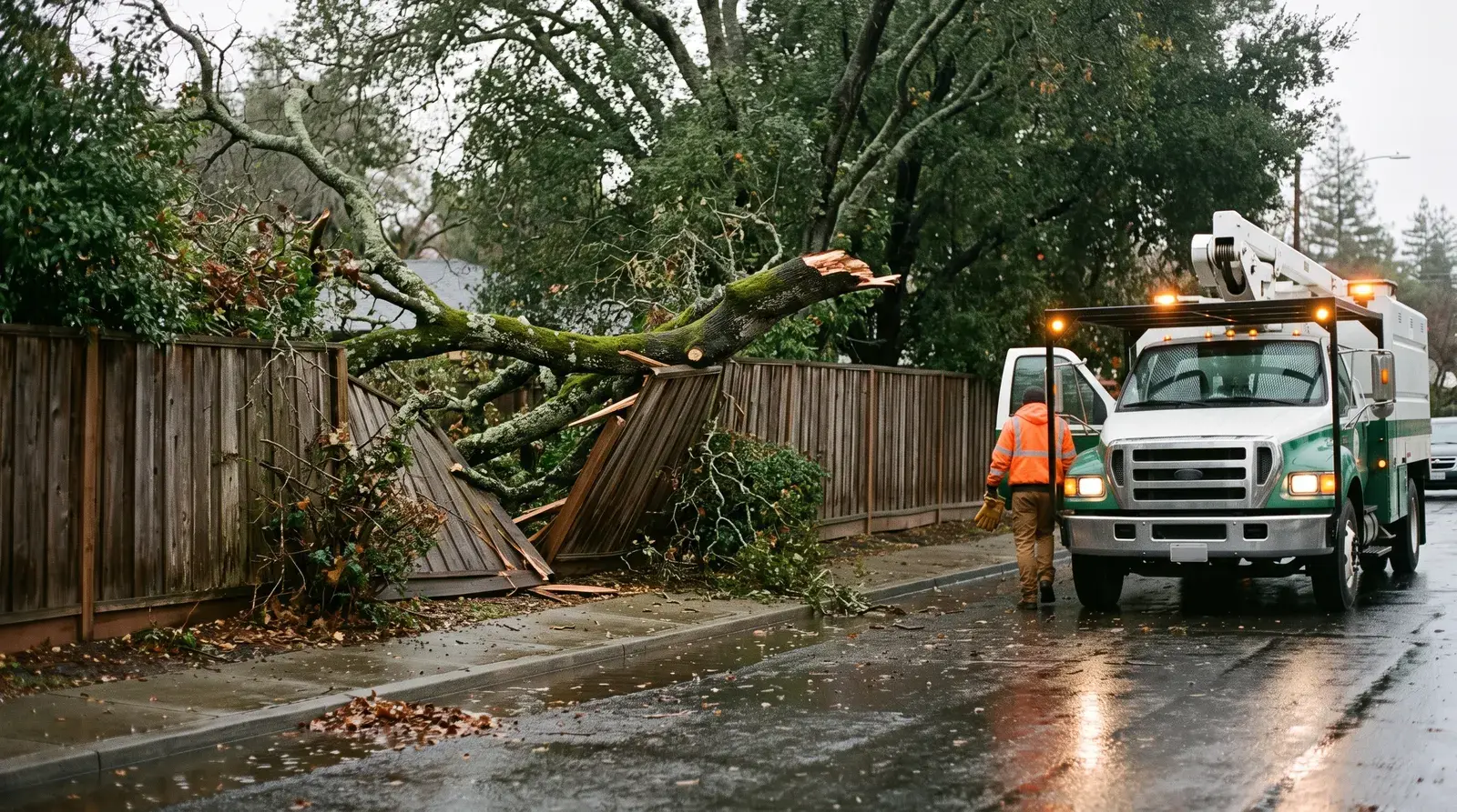 Storm-damaged tree split over a Sacramento-area yard after a windstorm.