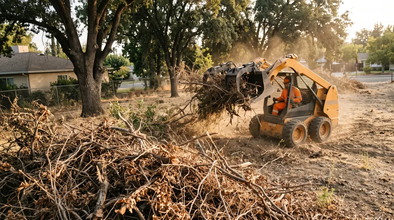 Overgrown lot being cleared of brush and small trees near Sacramento.