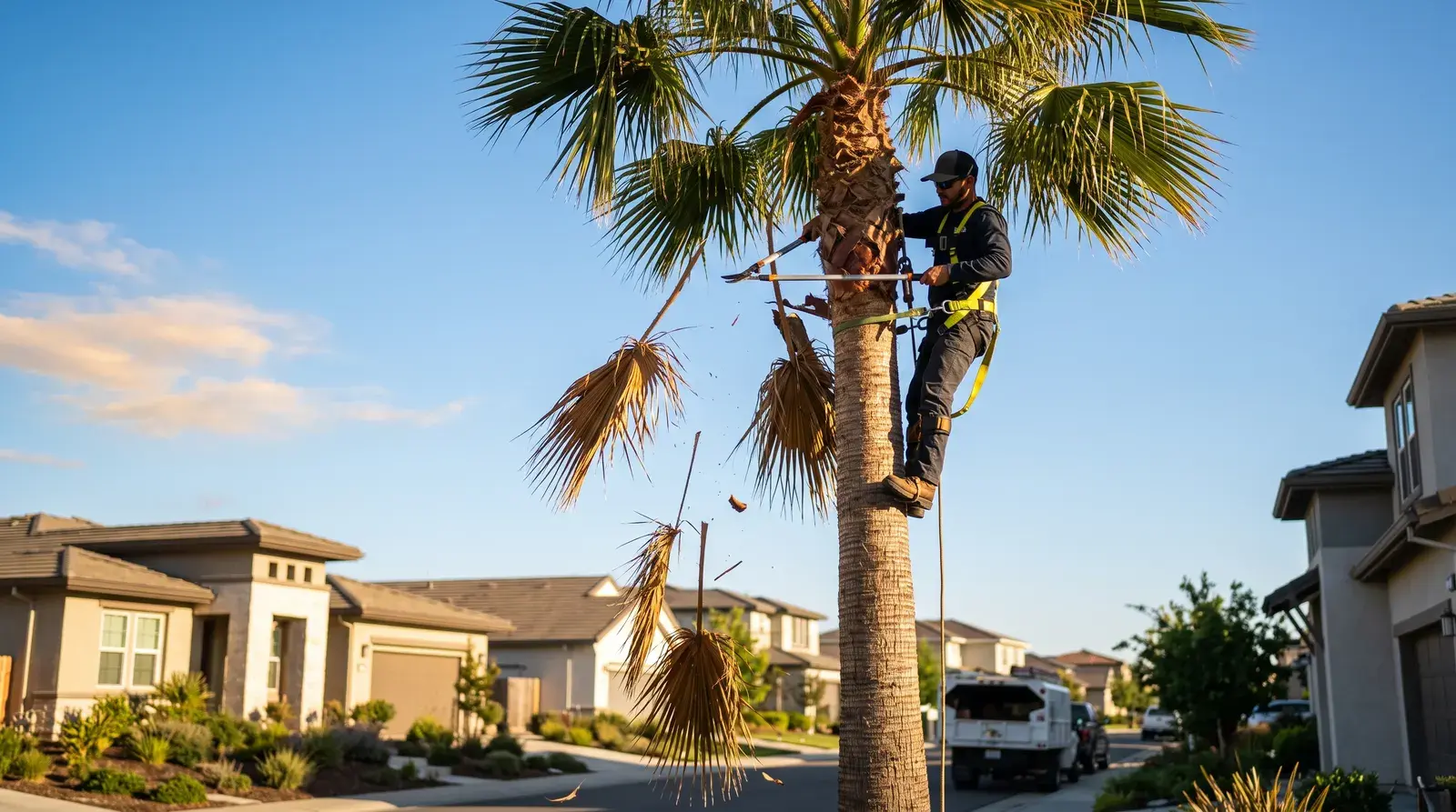 Climber trimming fronds and skinning the trunk of a Mexican fan palm.