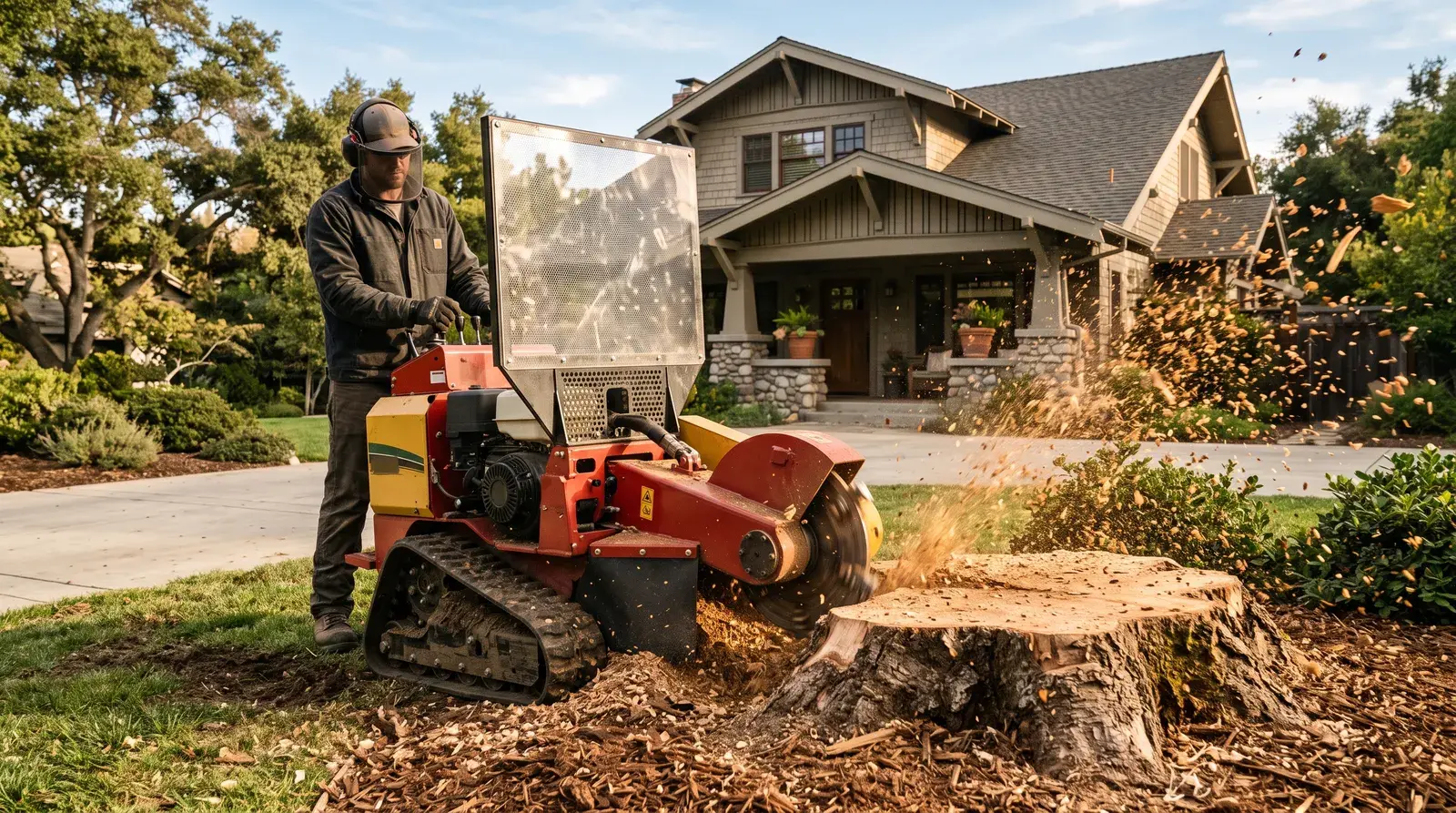Stump grinder reducing a tree stump below grade in a Sacramento yard.