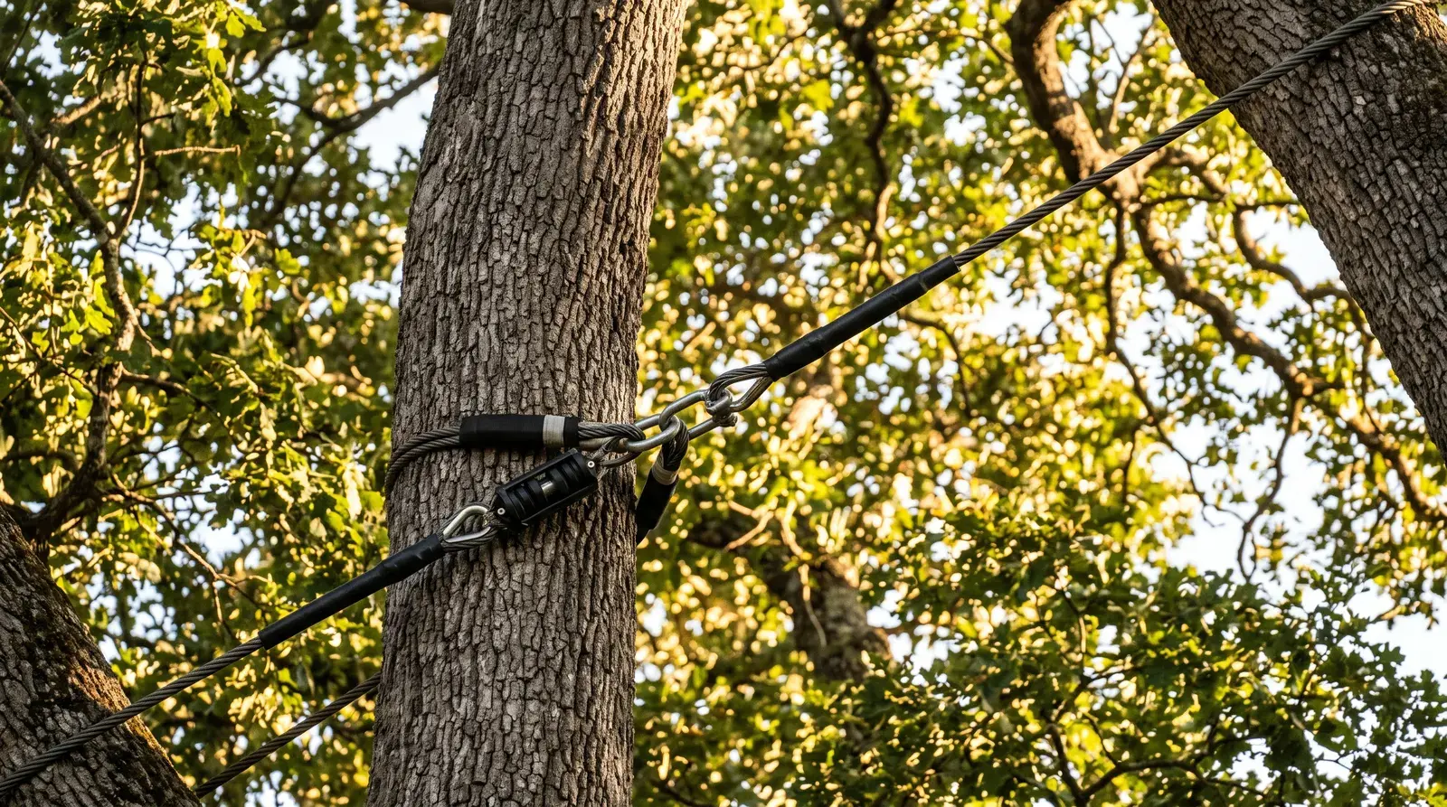 Support cable installed between co-dominant stems to brace a large tree.