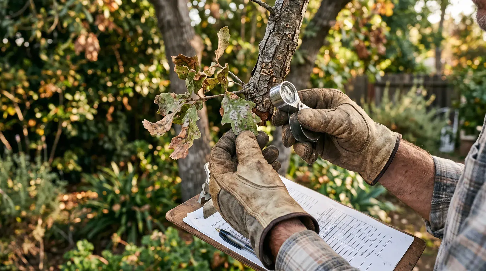 Arborist inspecting a tree's trunk and canopy for signs of disease.