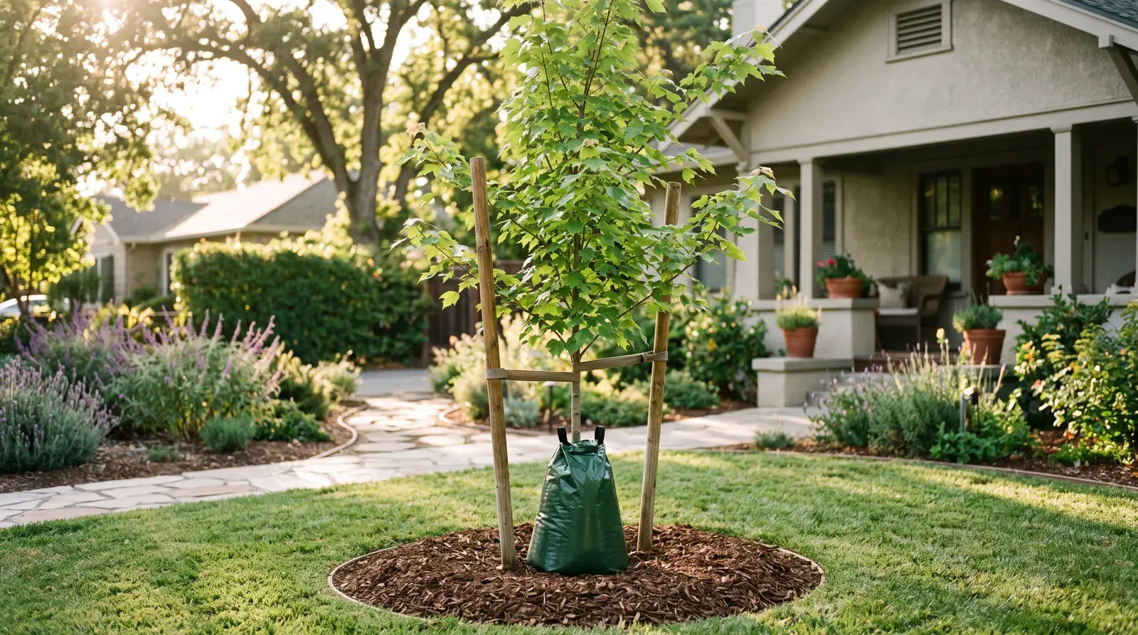 Newly planted young tree staked in a Sacramento yard.