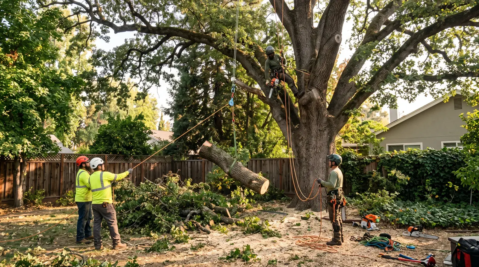 Arborist rigging down a large limb over a Sacramento backyard during a controlled tree removal.