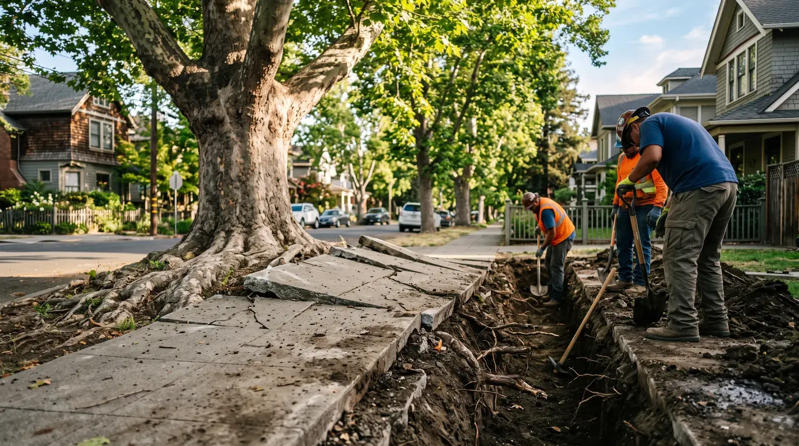 Tree roots lifting and cracking a residential sidewalk.