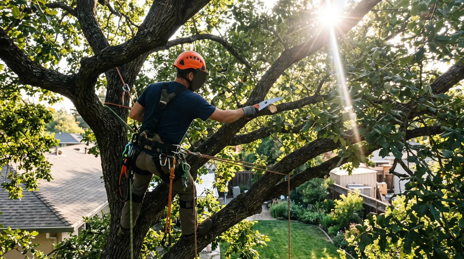 Climber trimming the canopy of a mature street tree in Sacramento.