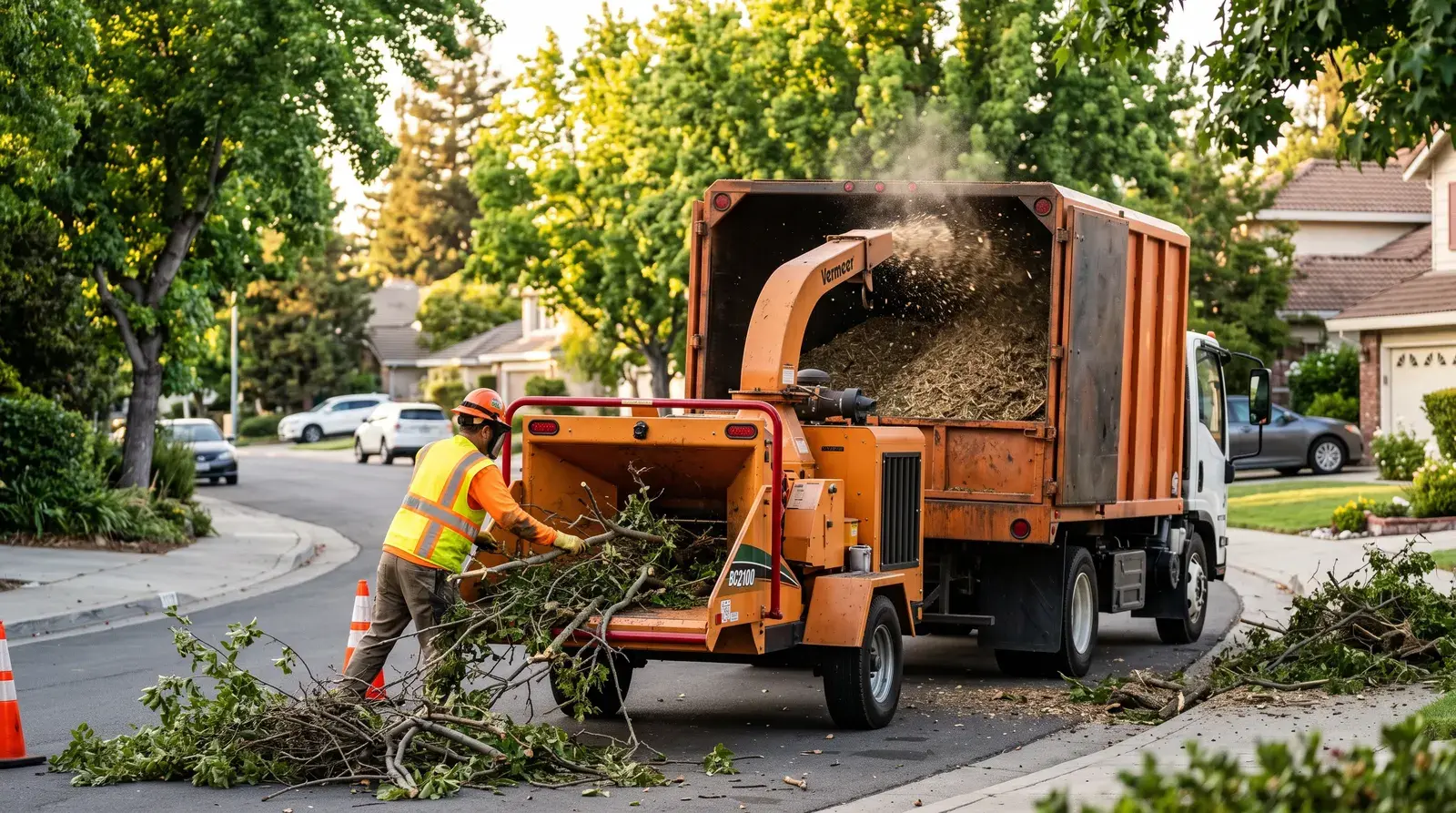 Wood chipper processing branches into a chip truck on a jobsite.