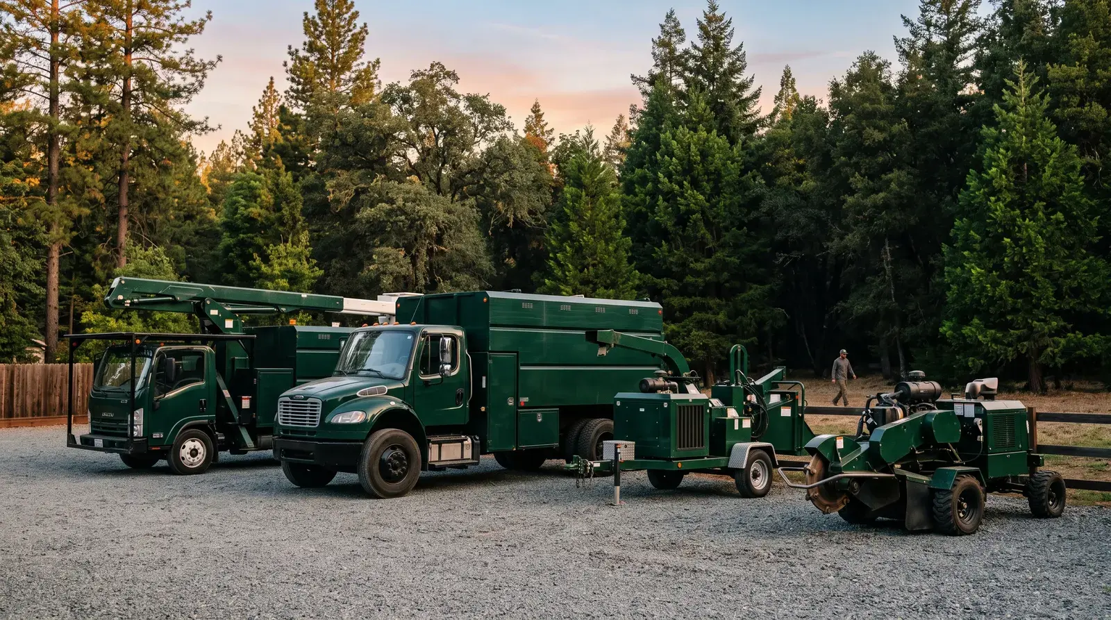 916 Trees equipment staged for a job — chip truck, chipper, and stump grinder with climbing and rigging gear.